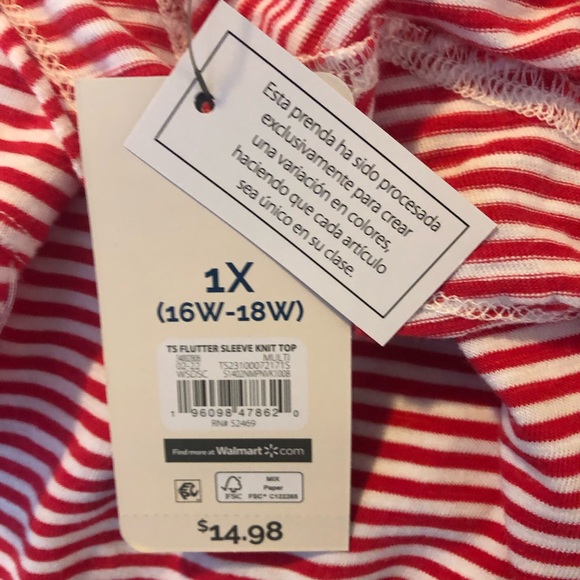 NWT terra & sky women’s T-shirt, pink and white stripe, fluffy sleeve, 1X - Picture 2 of 5